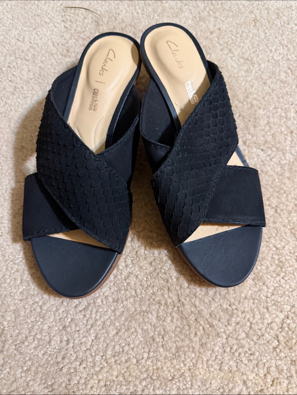Clarks Black Crisscross Slide Mules with Textured Straps